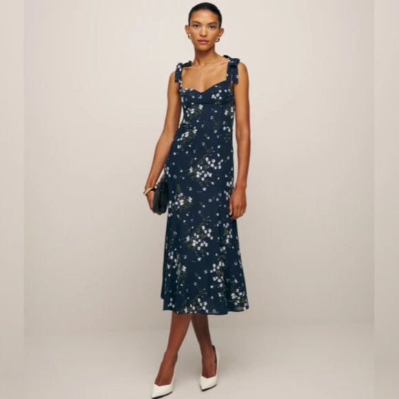 NWOT Reformation Nadira Dress in Chopine Blue White Floral Midi Tie Straps - Picture 1 of 4